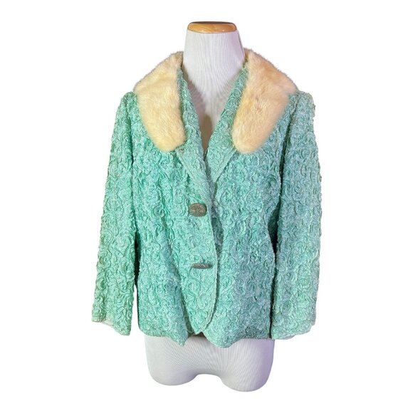 Vintage 1950s Helen of Memphis Costume Room Size 12 Green Jacket Fur Collar - Picture 1 of 16